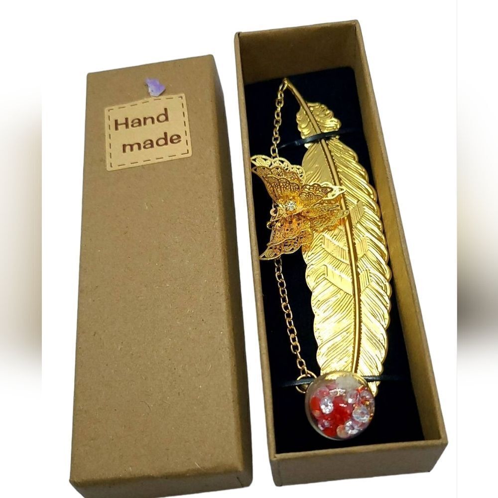 🎁 Gold Metal Feather Bookmark 3d Butterfly Eternal Dry Flower Gift Idea in Box